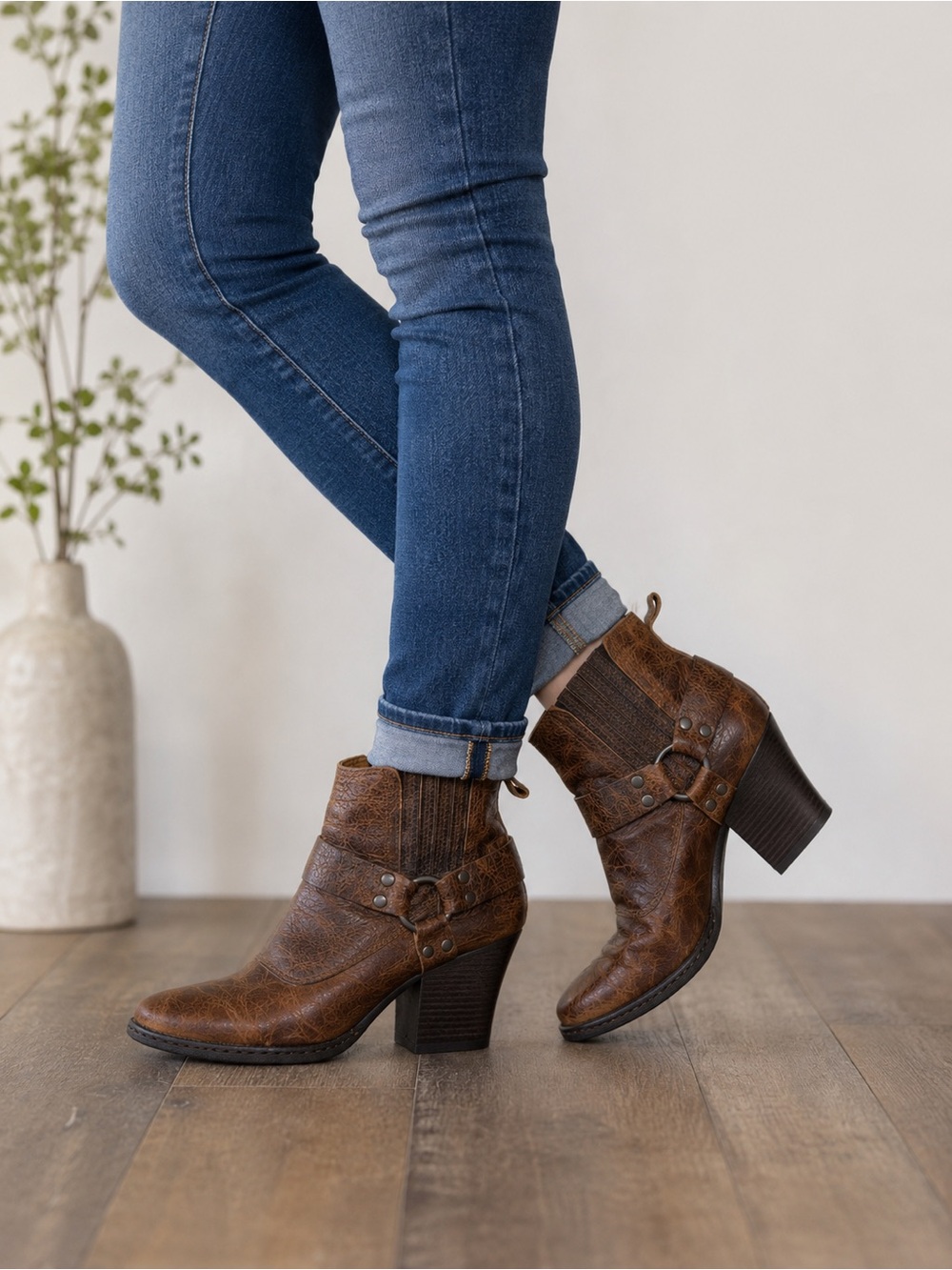 b.o.c. Ankle Boots Women 8 Brown Leather Harness Booties Western